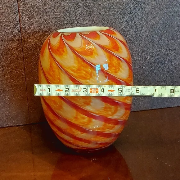 Rare Murano Swirl Art VaseHand-Blown Red & GoldDouble Cased White Inside